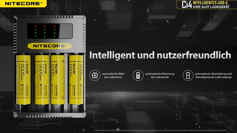 Nitecore Ci4 USB-C Ladegerät – 4-Schacht QC/PD Schnellladegerät für Li-Ion & NiMH/NiCd