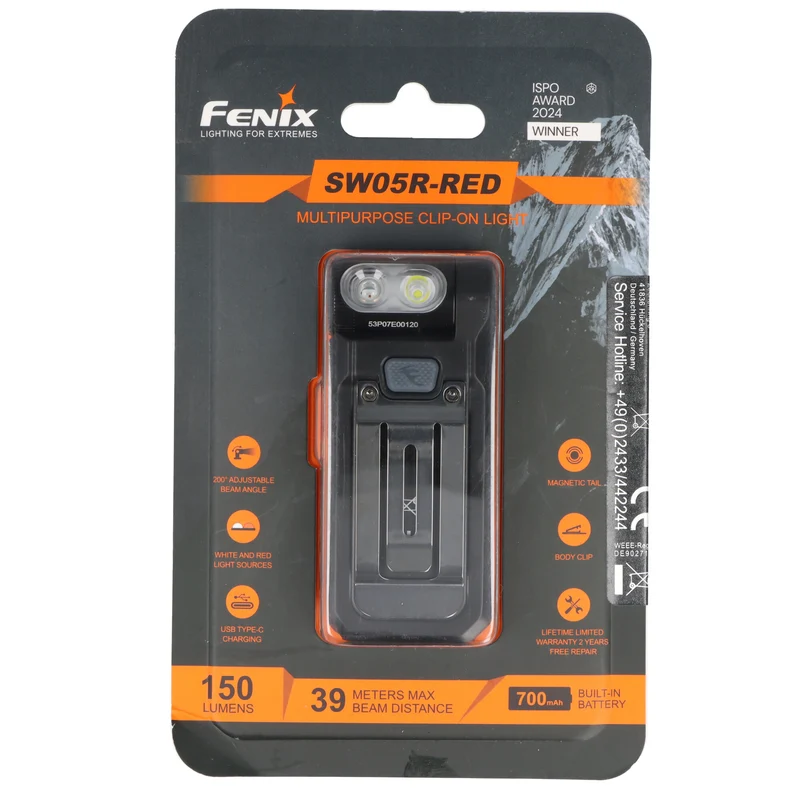 Fenix SW05R-RED LED-Taschenlampe, mit Rotlicht, Clip und Magnet, 200° verstellbarer Lampenkopf, wiederaufladbar