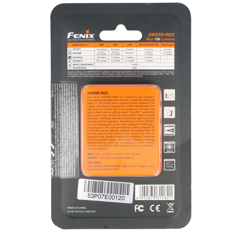 Fenix SW05R-RED LED-Taschenlampe, mit Rotlicht, Clip und Magnet, 200° verstellbarer Lampenkopf, wiederaufladbar