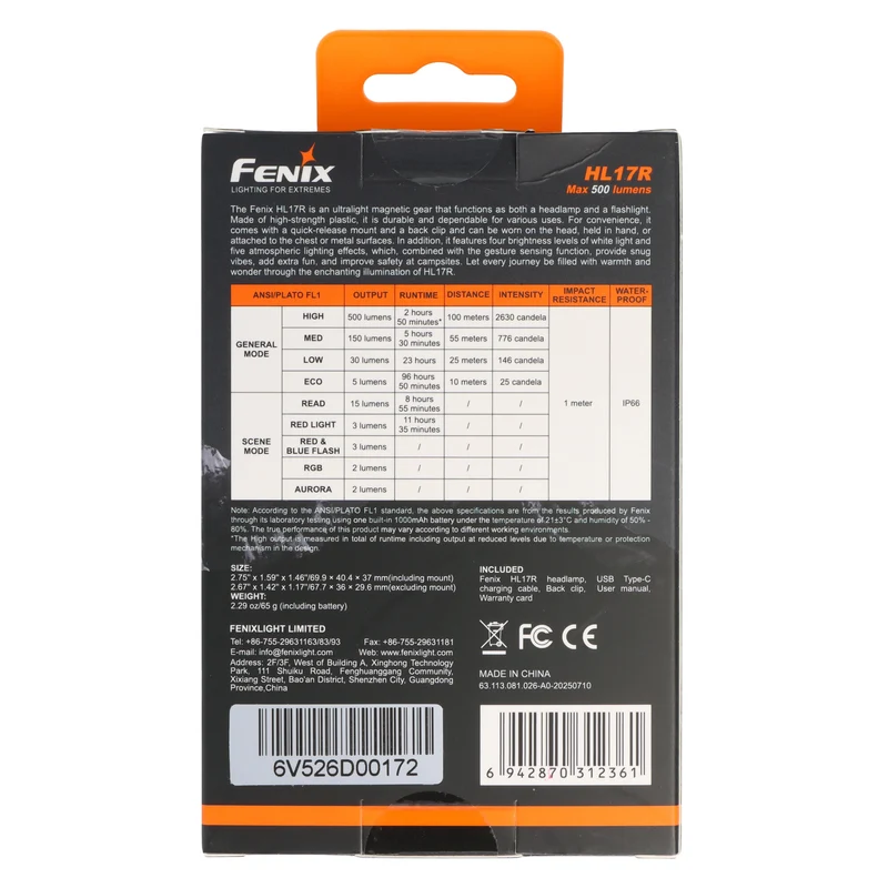 Fenix HL17R LED-Stirnlampe, ultraleicht, 3in1 Funktion, 500 Lumen, Gesten-Sensor-Schalter, wiederaufladbar