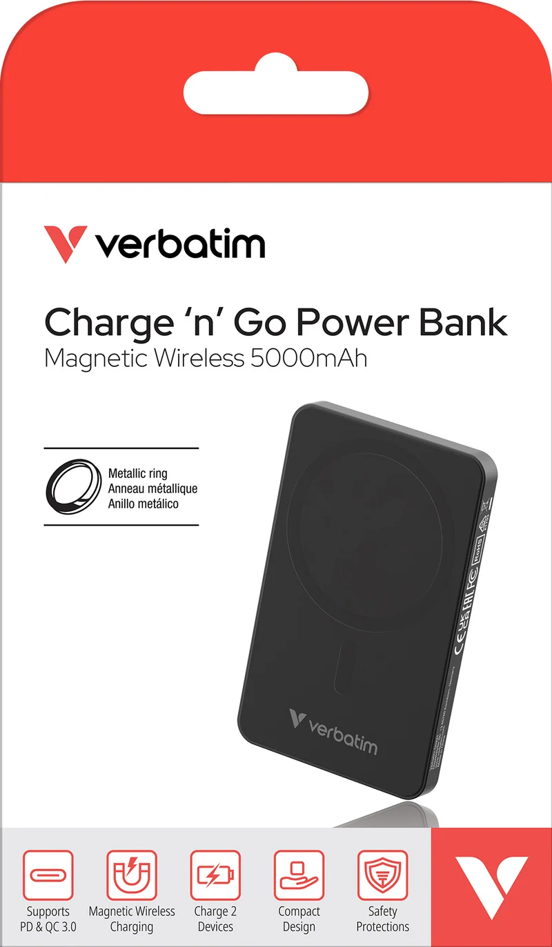 Verbatim Akku Powerbank, 5.000mAh, MCP-5GN, schwarz Magnetic Wireless, USB-C, QC-PD 3.0, Retail-Blister