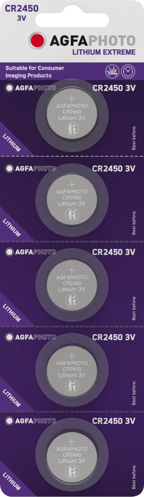 Agfaphoto Batterie Lithium, Knopfzelle, CR2450, 3V Extreme, Retail Blister (5-Pack)