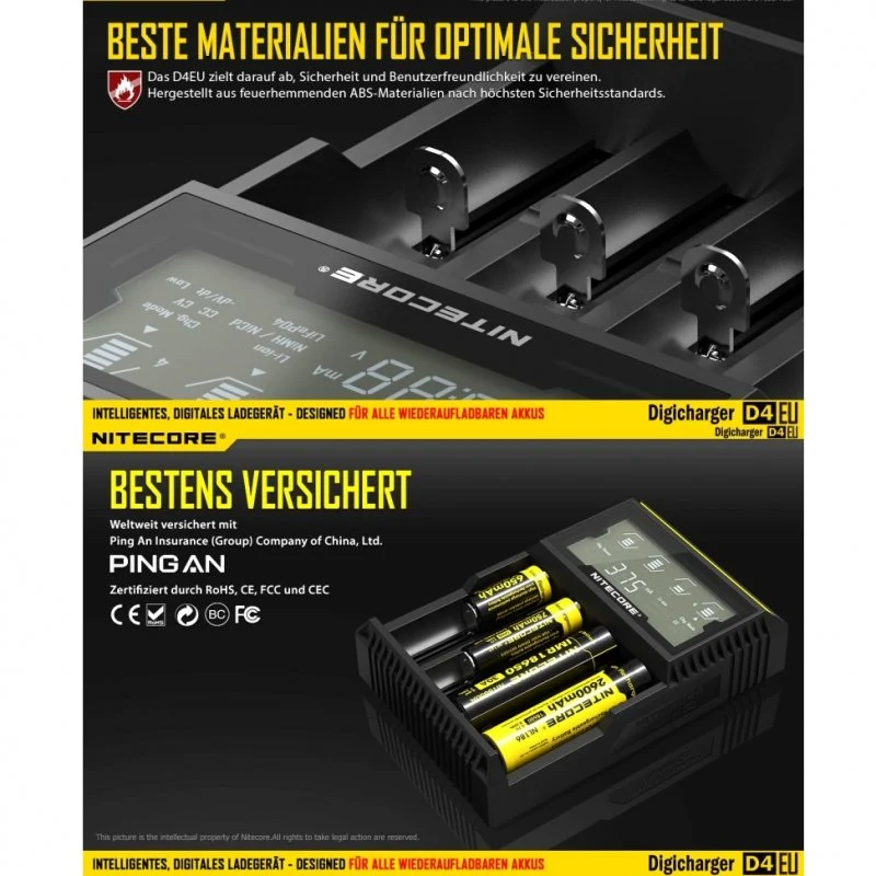 NiteCore Ladegerät Digicharger D4 EU mit Display für AAA, AA, C