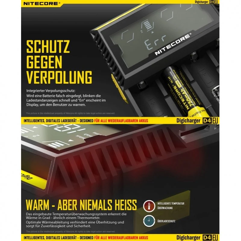 NiteCore Ladegerät Digicharger D4 EU mit Display für AAA, AA, C