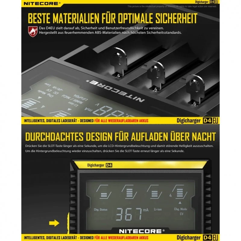 NiteCore Ladegerät Digicharger D4 EU mit Display für AAA, AA, C