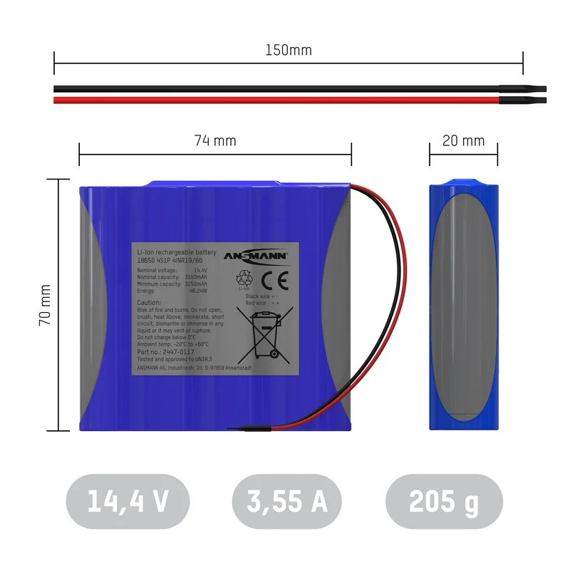 Ansmann Lithium-Ionen Akkupack 14,4 V/3350 mAh/4S1P, ideal für mobile Anwendungen