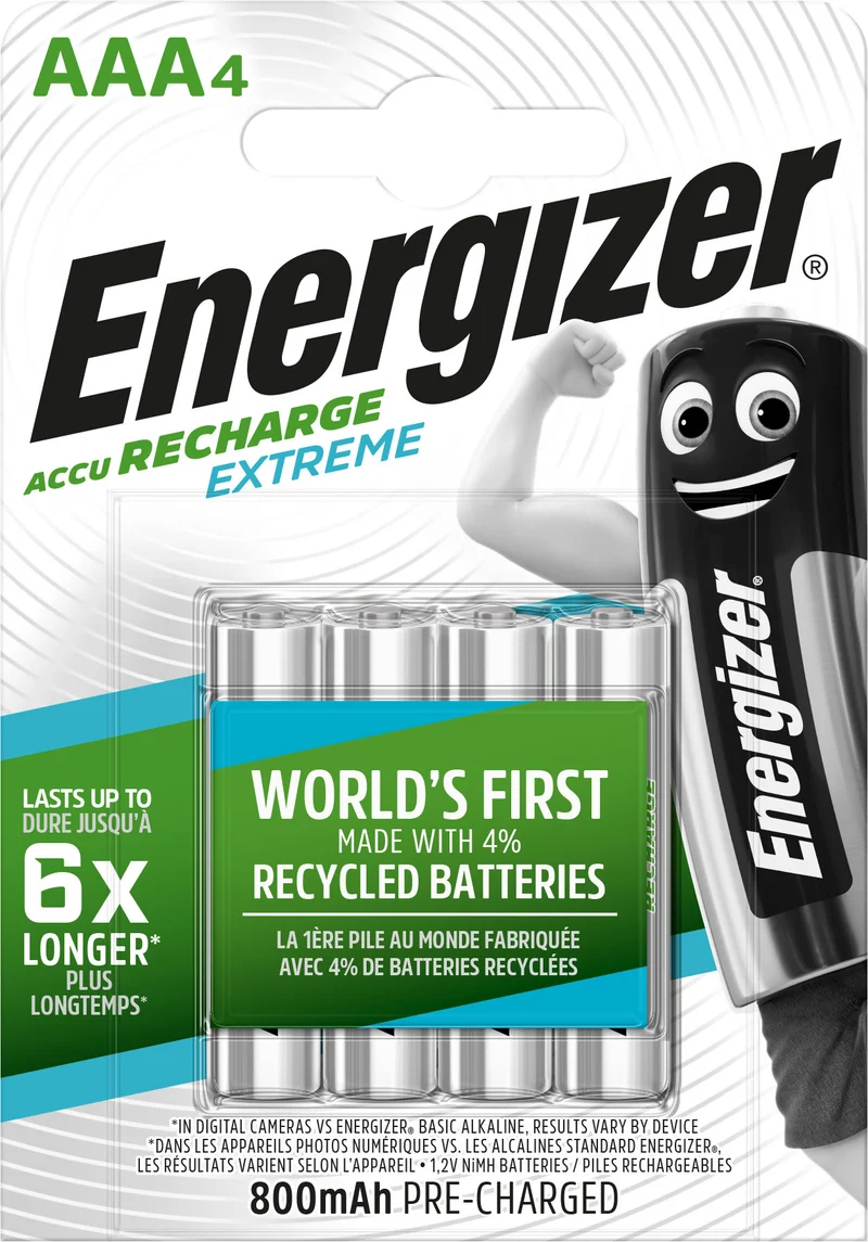 Energizer Akku NiMH, Micro, AAA, HR03, 1.2V/800mAh Extreme, Pre-charged, Retail Blister (4-Pack)