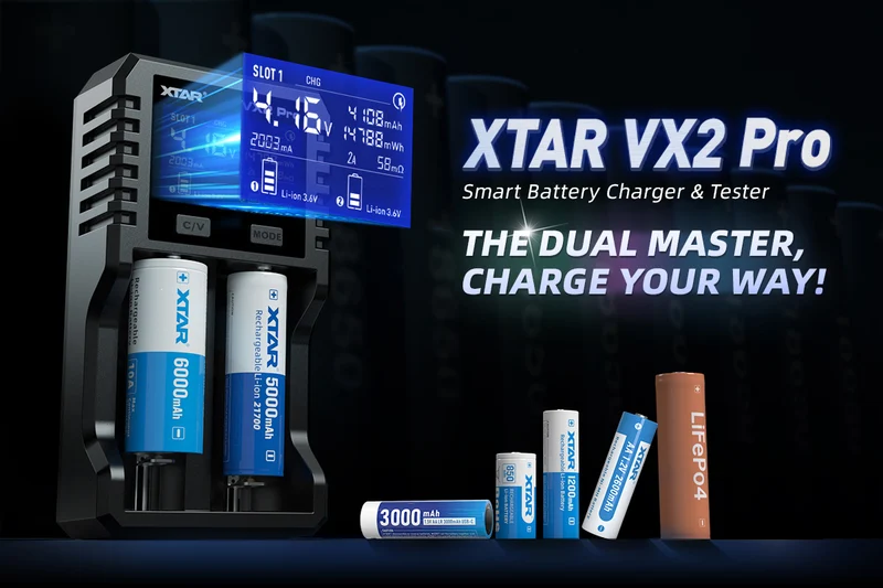 XTAR VX2 Pro, Akku-Ladegerät für Rundzellen, Li-Ionen, LiFePO4 und NiMH Akku
