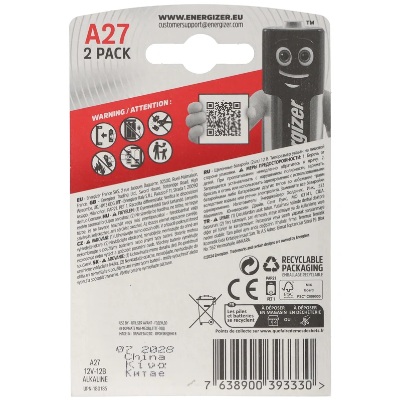 Energizer Batterie Alkaline, MN27, V27A, A27, 12V Electronics, Retail Blister (2-Pack)