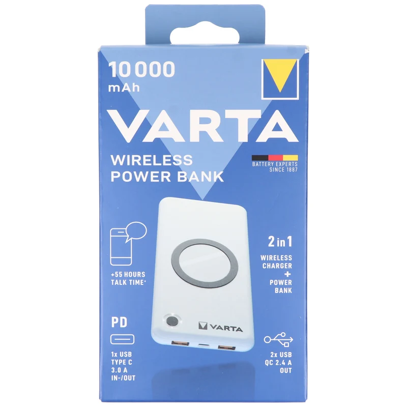 Varta Akku Powerbank, 3,7V/10.000mAh, Wireless, 2xUSB-A/1xUSB-C, QC 3.0, Power Delivery