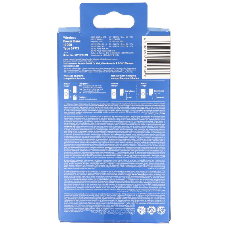 Varta Akku Powerbank, 3,7V/10.000mAh, Wireless, 2xUSB-A/1xUSB-C, QC 3.0, Power Delivery