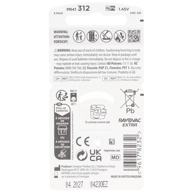 Rayovac Hörgerätebatterie H312MF Nr. 312 PR41 Extra Advanced, 180mAh 6 Stück im Blister