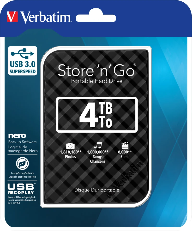 Verbatim Festplatte 4TB, USB 3.0, 6.35cm (2.5''), schwarz Store´n´Go, Gen 2, Software Nero Backup, Retail