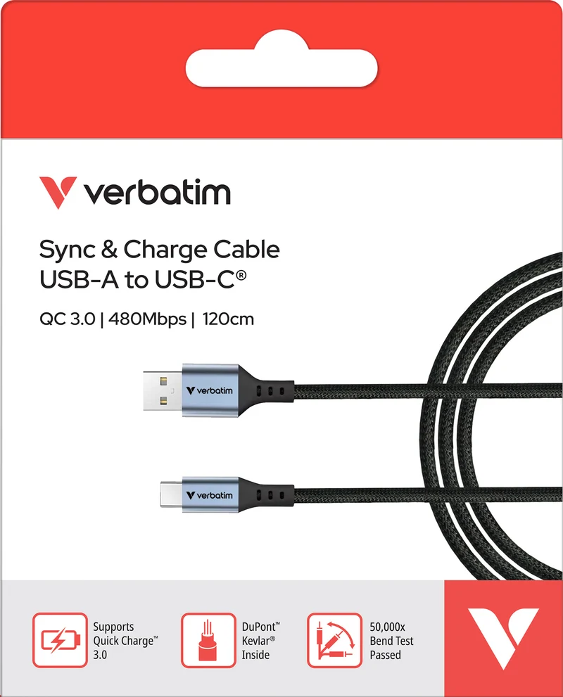 Verbatim Ladekabel, USB-A zu USB-C, 1.2m, schwarz Sync&Charge, 480 Mbit/s, bis 18W, Retail