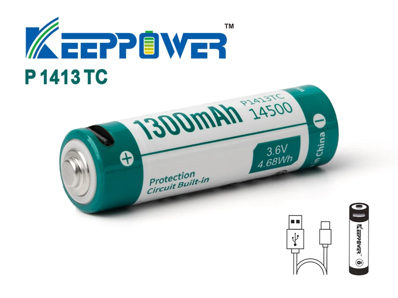 Keeppower 14500 - 1300mAh Li-Ionen 3,7V - 3,6V mit USB Lademöglichkeit und PCB P1413TC