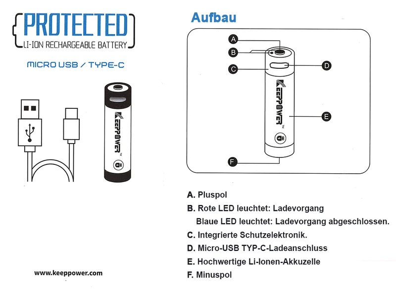 Keeppower 14500 - 1300mAh Li-Ionen 3,7V - 3,6V mit USB Lademöglichkeit und PCB P1413TC