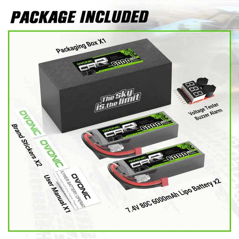 Ovonic Car 6000mAh 80C 2S 7,4 V Lipo-Akku-Hardcase mit Deans-Stecker und Lipo-Spannungsprüfung (2 St.)