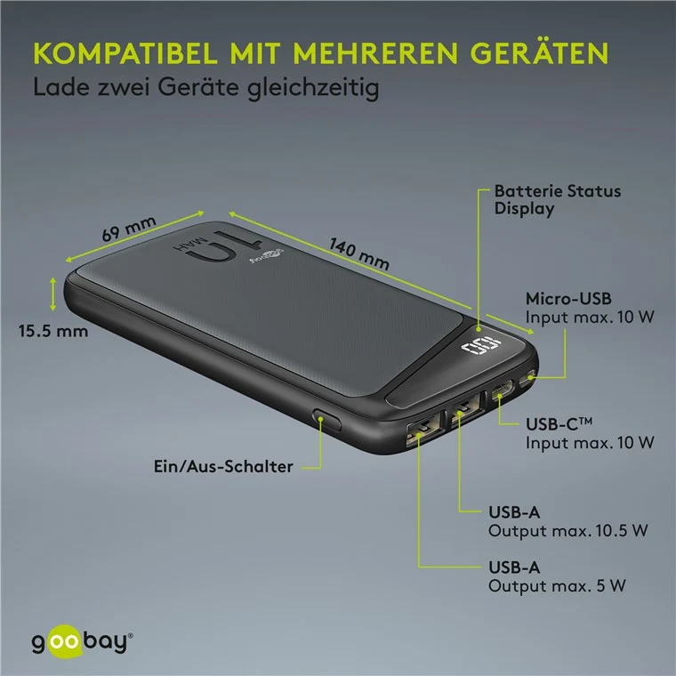 Goobay Powerbank Slimline 10.000 mAh - Leistungsstarke 10.000 mAh mit Status-Display