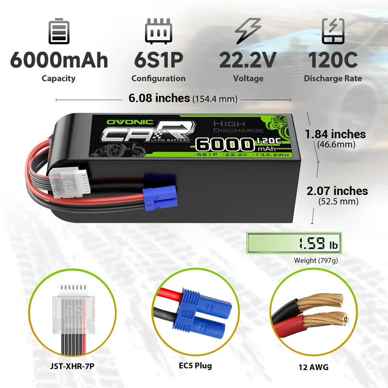 OVONIC 6S Akku 6000mAh 22,2V 120C Lipo Akku mit EC5 Anschluss & Lipo Spannungsprüfer (2 St.)