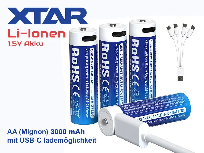 XTAR, 4x AA 1,5V Li-Ionen Akku 3000mAh – USB-C – mit gleichmäßig sinkender Spannung, mit integrierter Ladeelektronik, innovativ und zuverlässig