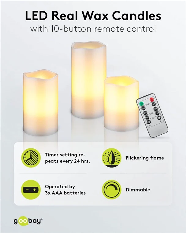 Goobay 3er-Set LED-Echtwachskerzen, weiß - mit Timerfunktion und Fernbedienung, dimmbar, batteriebetrieben