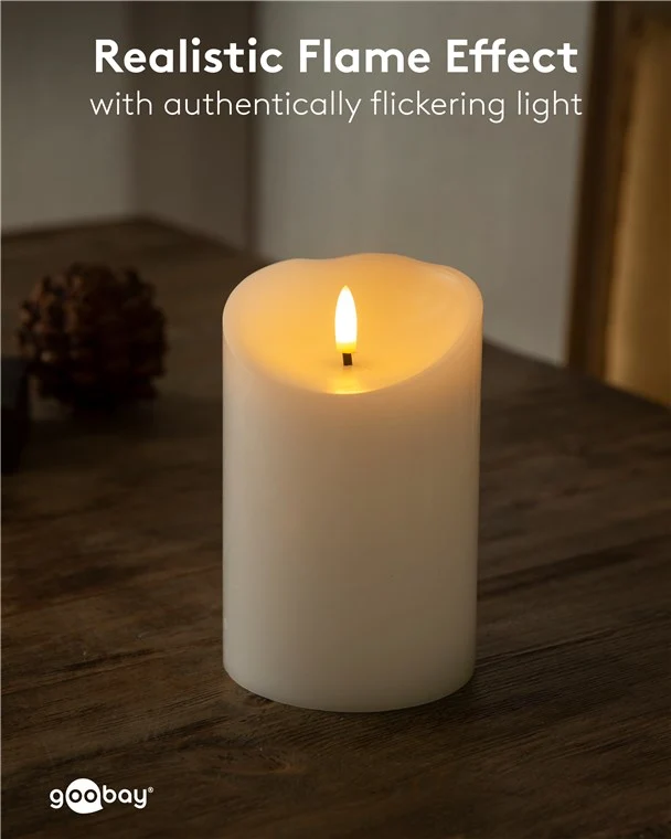 Goobay LED-Echtwachskerze, weiß, 10 x 15 cm - mit Timerfunktion und 3D-Flammenkegel, batteriebetrieben, warmweiß (2700 K)