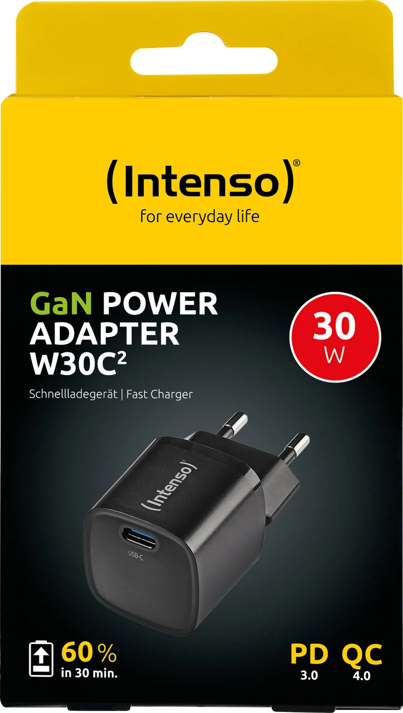 Intenso Ladeadapter „W30C² GaN“ – 30 W USB-C Power Delivery, Schwarz (Retail-Blister)