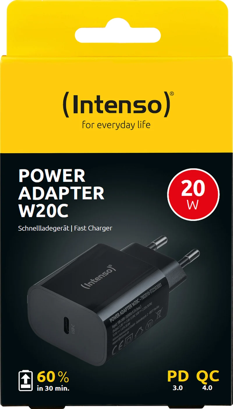 Intenso Ladeadapter „W20C“ – 20 W USB-C Power Delivery, Schwarz (Retail-Blister)