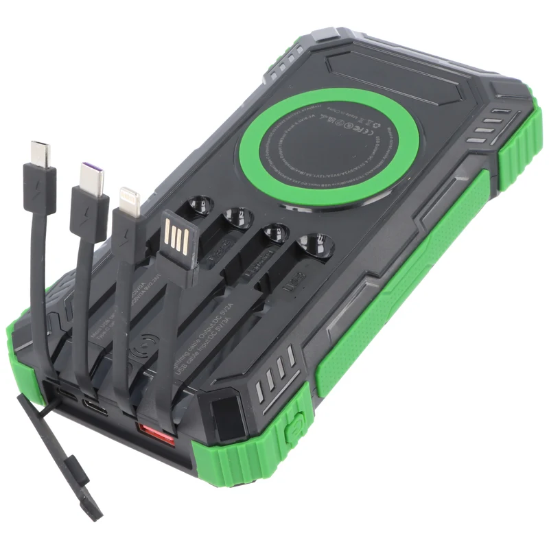 AccuCell 20000mAh Powerbank mit 4 Ladekabel, QI-Ladefunktion, Solar Panel, mit LED Licht