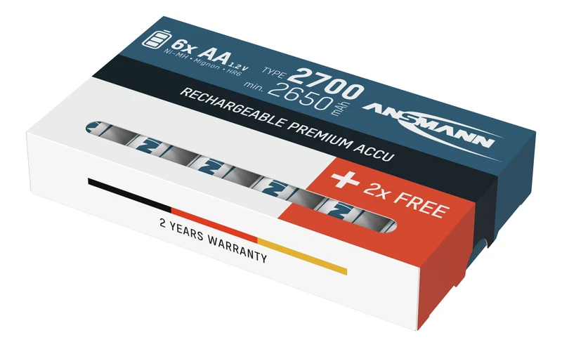 ANSMANN NiMH Akku Mignon AA Typ 2700 (min. 2650 mAh) / 1,2 Volt / 6er Schrumpffolie, ideal für den alltäglichen Gebrauch