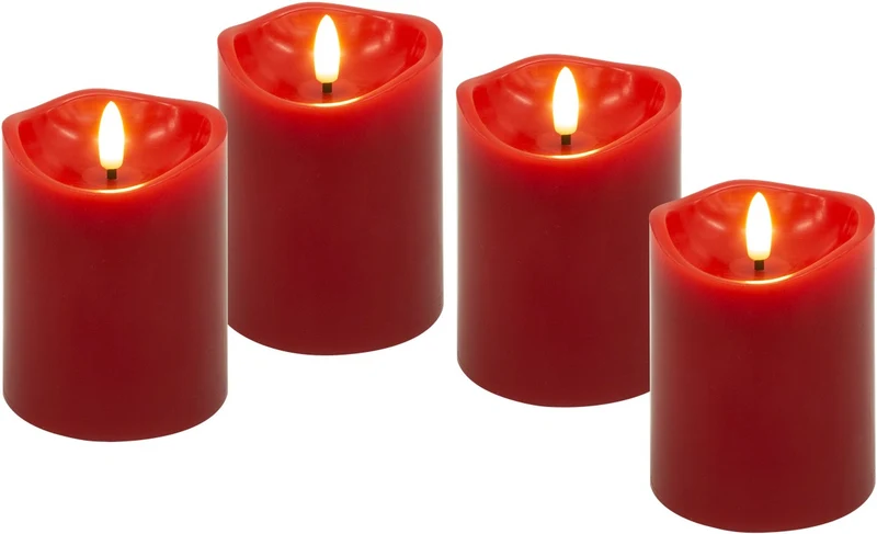 Goobay 4er-Set LED-Echtwachskerzen, rot - mit Timerfunktion und 3D-Flammenkegel, batteriebetrieben, warmweiß (2700 K)