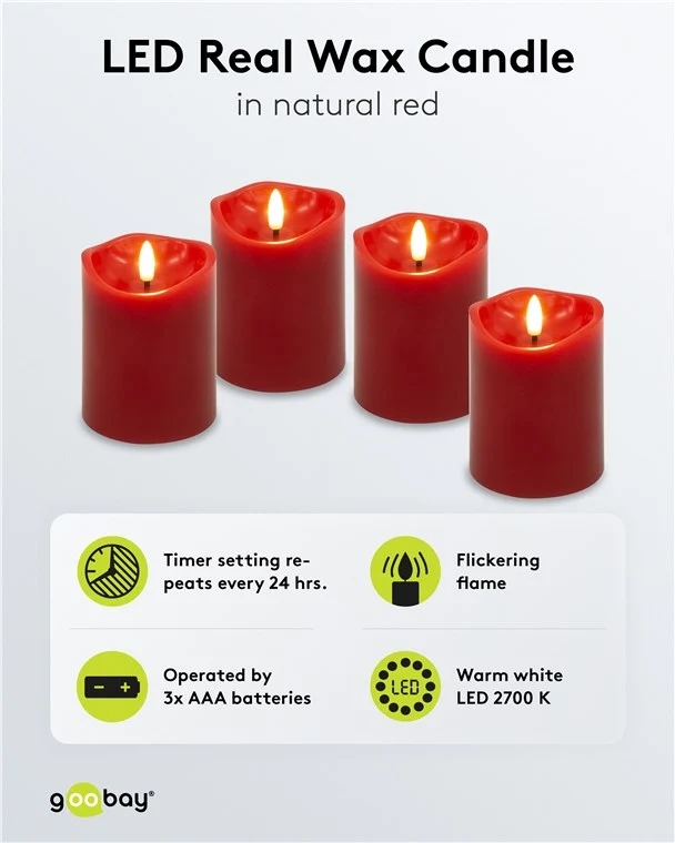 Goobay 4er-Set LED-Echtwachskerzen, rot - mit Timerfunktion und 3D-Flammenkegel, batteriebetrieben, warmweiß (2700 K)
