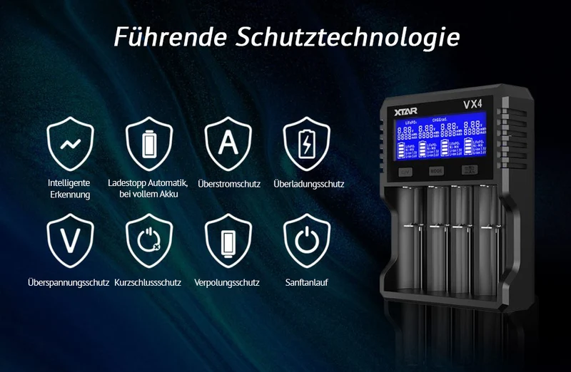 Xtar VX4 – Universelles Analyse Ladegerät für 1,5V; 3,6 - 3,7V Li-Ion; 3,2V LiFePO4 & 1,2V Ni-MH Akkus