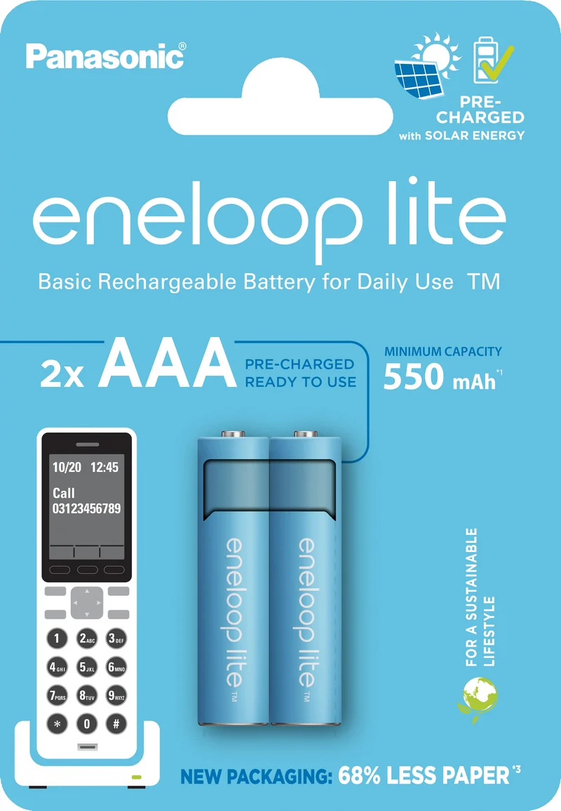 Eneloop Akku NiMH, Micro, AAA, HR03, 1.2V/550mAh DECT Lite, Pre-charged, Retail-Blister (2-Pack)