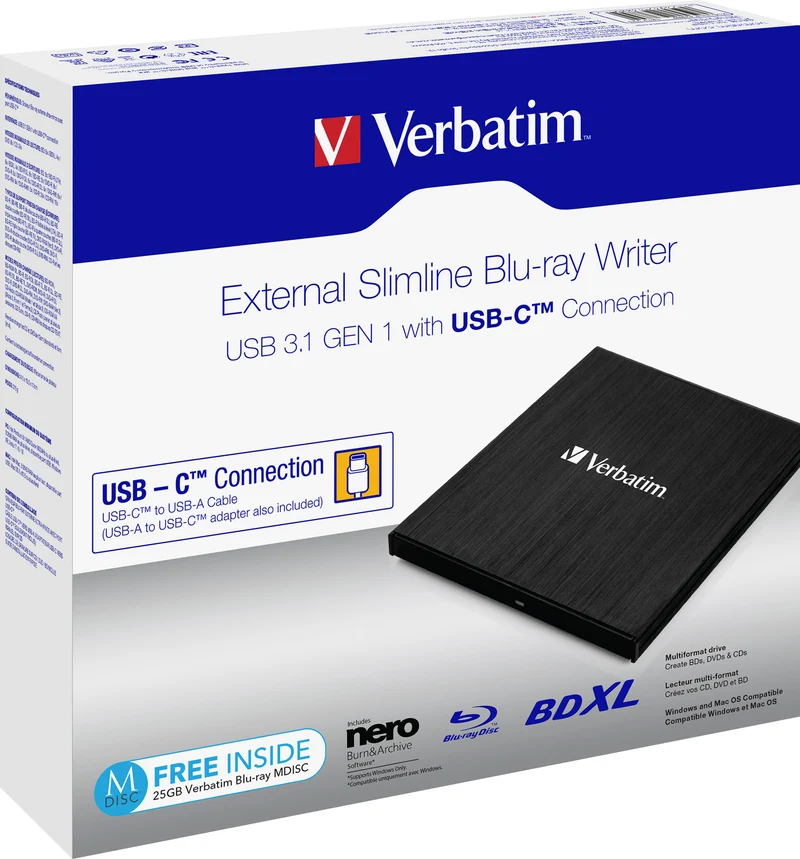 Verbatim Blu-ray Recorder, USB 3.1, A-C, 6x/8x/24x, Slimline Portable, schwarz, BDXL, M-DISC, Software, Retail