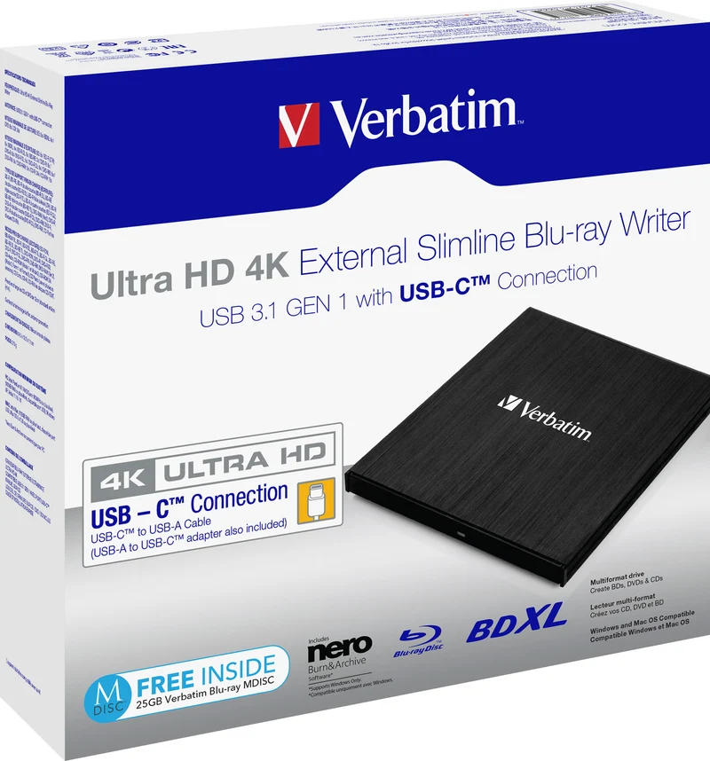 Verbatim Blu-ray Recorder, USB 3.1, A-C, 6x/8x/24x, Slimline Portable, schwarz, BDXL, 4K UHD, M-DISC, Software, Retail