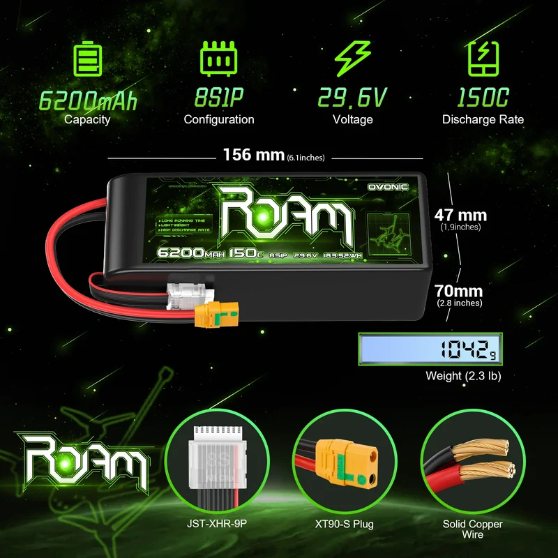 Ovonic Roam Serie 8S 6200mAh 8S1P 150C 29,6V Lipo Akku XT90 Anti-Blitz Stecker