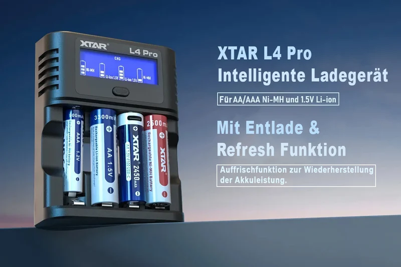 XTAR L4 Pro – Akku-Ladegerät mit LCD, Refresh & Discharge für Li-Ion/NiMH AA/AAA