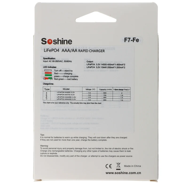 Soshine Ladegerät für LiFePO4 IFR 3,2 Volt Akkus, nur Akkus mit 3,2V ladbar, mit 2 Ladeschächten, für 14500, 10440 und AAA, AA Akkus