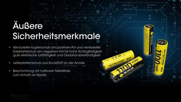 Nitecore Li-Ion Akku 14500, Typ NL1411R, 3,6V 1100mAh, mit USB-C-Ladeanschluss, 50,3 x 14,5mm