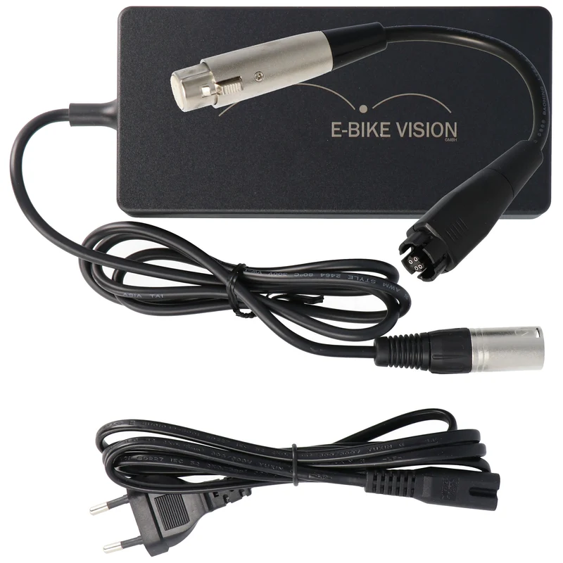 E-Bike-Vision Ladegerät und Lade-Adapter nur passend für unsere E-Bike Nachbauakkus Yamaha PW-X und PW Series SE, TE Rahmen Unterrohr 36 Volt