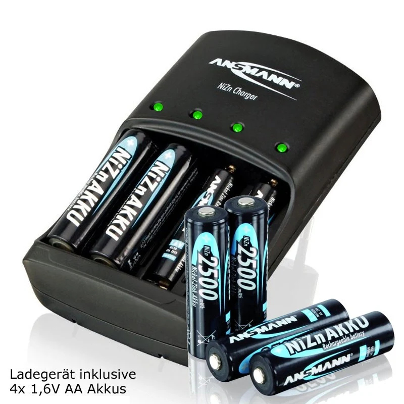 Ansmann Schnell-Ladegerät für NiZn 1,6 Volt Akku mit 4x 2500mWh Mignon AA