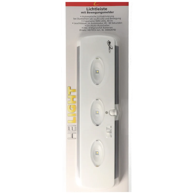Heitech Lichtleiste mit Bewegungsmelder, automatische Licktaktivierung bei Dunkelheit und Bewegung, 3x SMD-LEDs, mit Ein-/Auto-/Ausschalter
