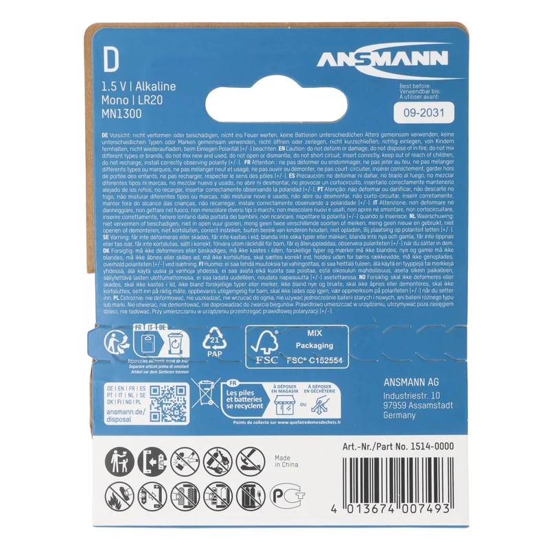 Ansmann Alkaline Mono D, LR20 Batterie, 1,5V, 2er Papierblister