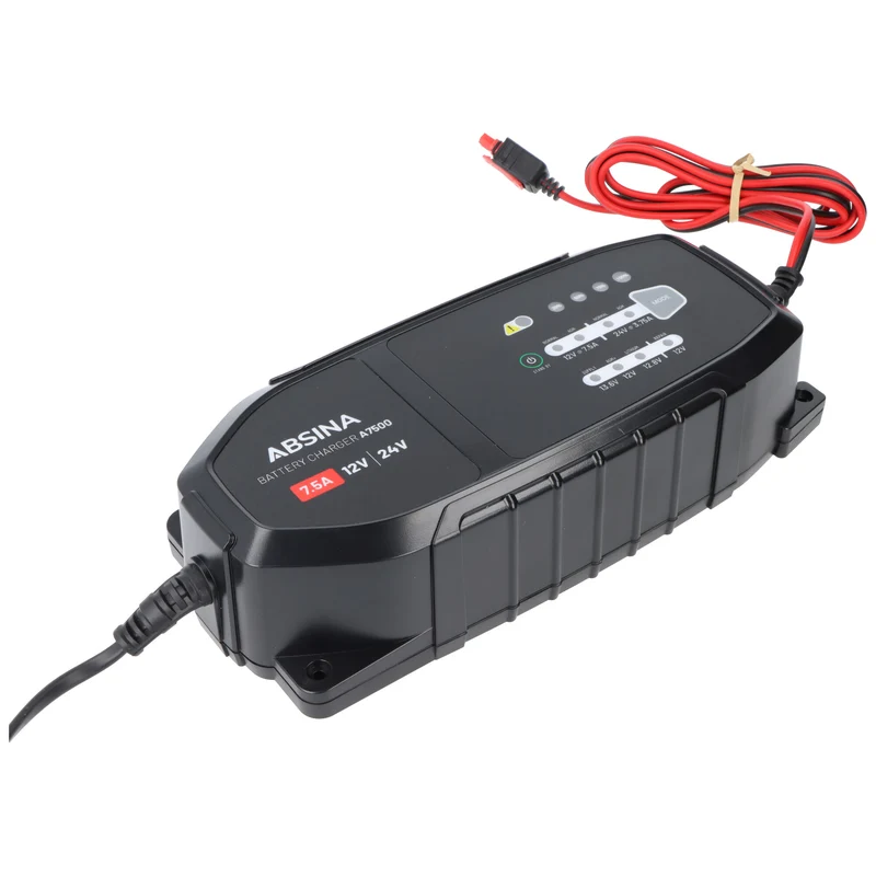 Absina Ladegerät A7500, Ladegerät für 12-24V Blei- und LiFePO4 Akkus, max. Ladestrom 7,5A, ideal für Auto, Motorrad, Wohnmobil