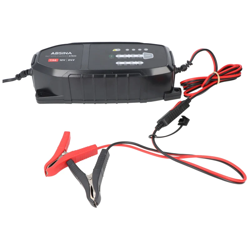 Absina Ladegerät A7500, Ladegerät für 12-24V Blei- und LiFePO4 Akkus, max. Ladestrom 7,5A, ideal für Auto, Motorrad, Wohnmobil