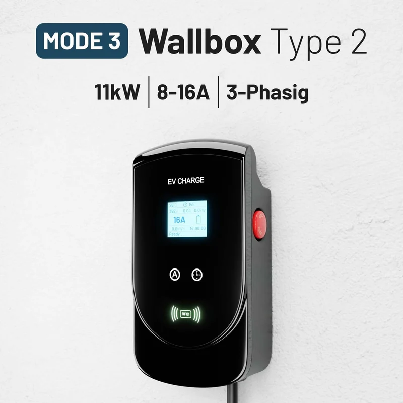 Absina E-Auto Ladestation, Wallbox Typ 2 mit RFID Funktion, einstellbaren Ladeströmen, 11 KW Wallbox für E-Autos zum schnellen aufladen von E-Fahrzeugen