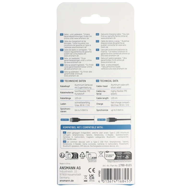 Ansmann USB Typ-C auf Typ-C Daten- und Ladekabel, 120cm
