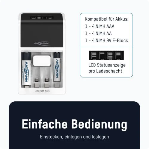Ansmann Schnell-Ladegerät Comfort Plus für 1-4 NiMH Micro AAA, Mignon AA Akkus, NiMH 9V E-Block