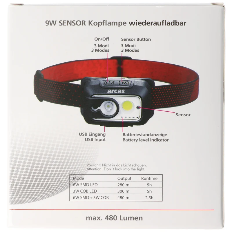 Arcas 9 Watt Sensor Kopflampe, LED Stirnlampe, 6 Beleuchtungsmodi, Nylon-Kopfband, wiederaufladbar per USB-C